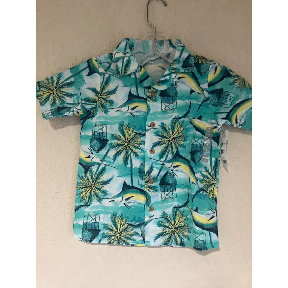 Carter\'s Button Down Shirt Boys 5 Teal Tropical Marlin New Wooden Buttons NWT